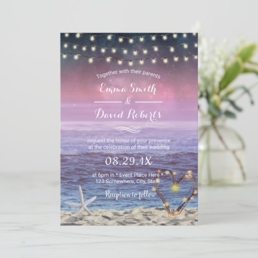 Invitation Mariage de plage Starfish String Lights Coeur Suns (Debout devant)