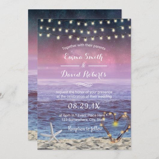 Invitation Mariage de plage Starfish String Lights Coeur Suns (Devant / Derrière)