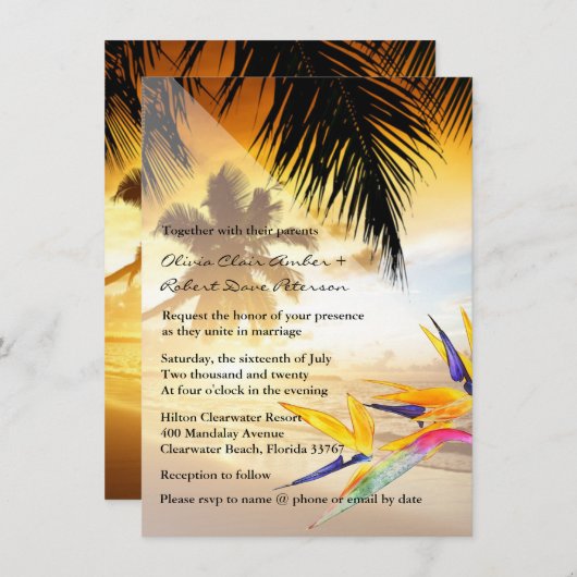 Invitation Mariage de plage Sunset Palm Trees Bird of Paradis (Devant / Derrière)