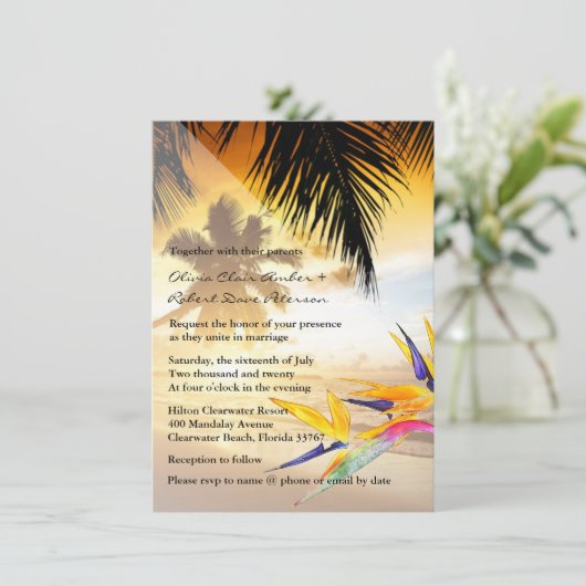 Invitation Mariage de plage Sunset Palm Trees Bird of Paradis (Debout devant)