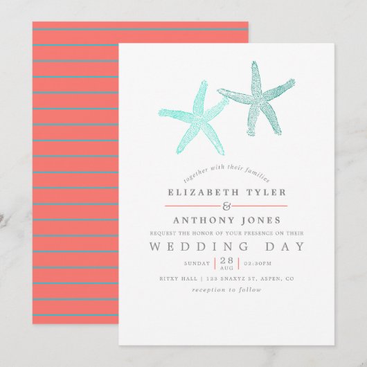 Invitation Mariage de plage sur le thème Turquoise et Corail (Devant / Derrière)