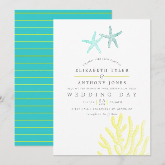 Invitation Mariage de plage sur le thème turquoise et jaune (Devant / Derrière)