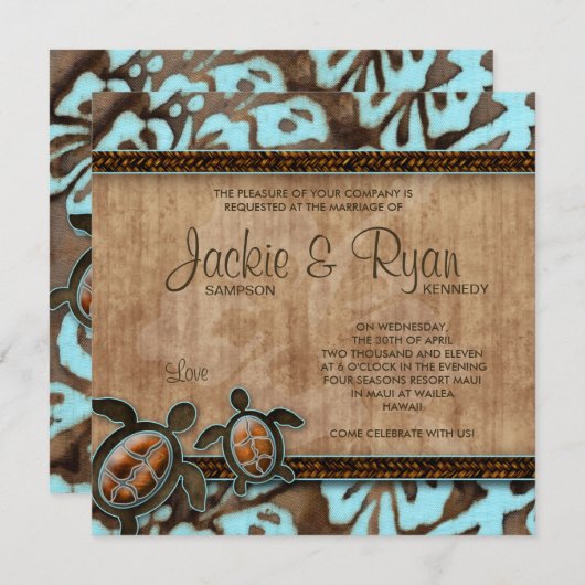 Invitation Mariage de plage Tortue bleue Brown (Devant / Derrière)
