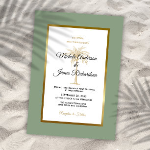 Invitation Mariage de plage tropical avec palmier en or et ve