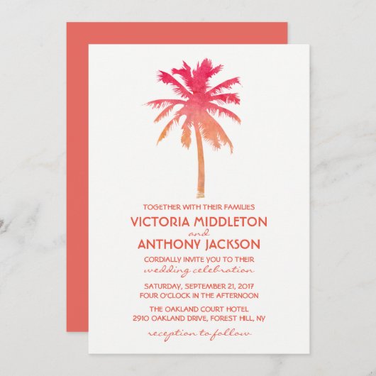 Invitation Mariage de plage Tropical Sunset Palm Tree Beach (Devant / Derrière)