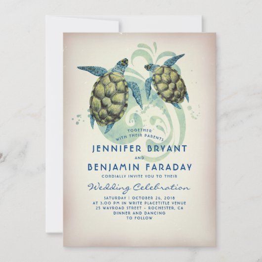 Invitation Mariage de plage tropicale de tortue de mer (Devant)