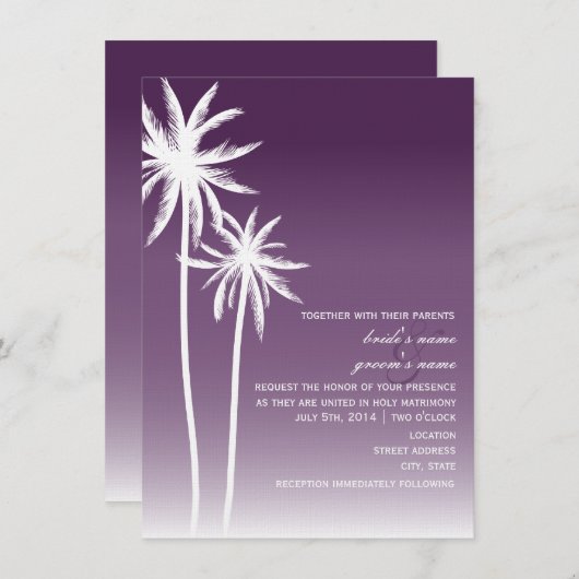Invitation Mariage de plage violet Ombré Palm Trees (Devant / Derrière)