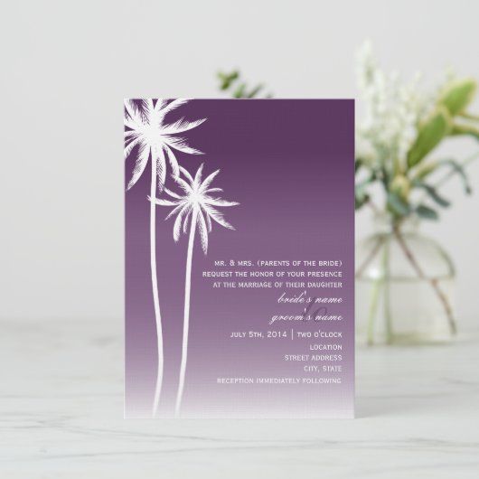 Invitation Mariage de plage violet Ombré Palm Trees (Debout devant)