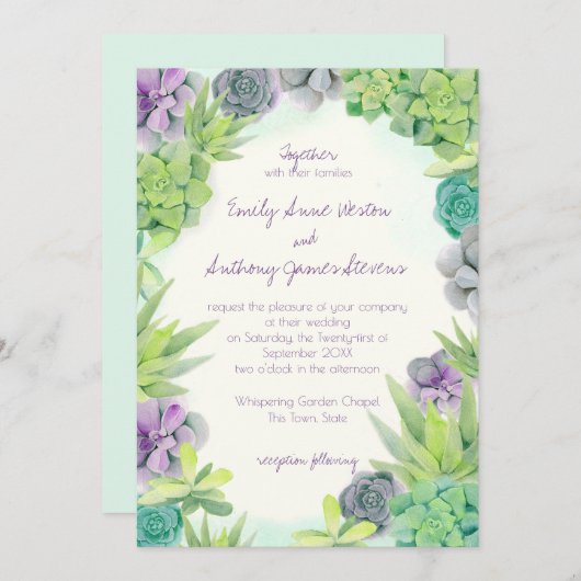 Invitation Mariage de plantes succulentes aquarelle (Devant / Derrière)