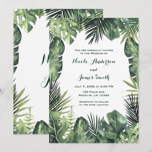 Invitation Mariage de plantes tropicales botaniques de feuill (Devant / Derrière)