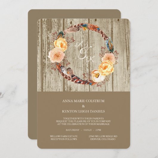Invitation Mariage de plume de plume de bois rustique (Devant / Derrière)