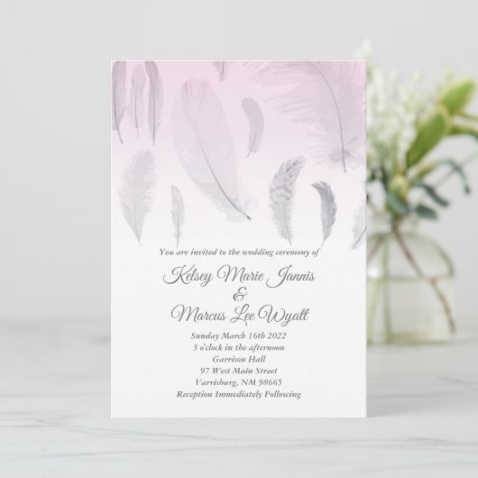 Invitation Mariage de plume rose gris (Debout devant)