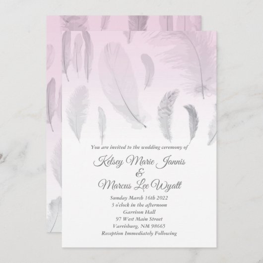 Invitation Mariage de plume rose gris (Devant / Derrière)