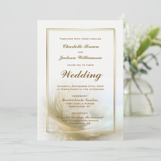 Invitation Mariage de plumes de cadre doré (Debout devant)