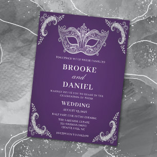 Invitation Mariage de plumes de masque royal pourpre et argen