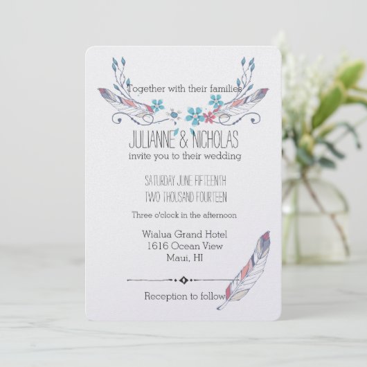 Invitation Mariage de plumes et fleurs (Debout devant)