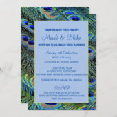Invitation Mariage de plumes Peacock Bleu & Or (Devant / Derrière)
