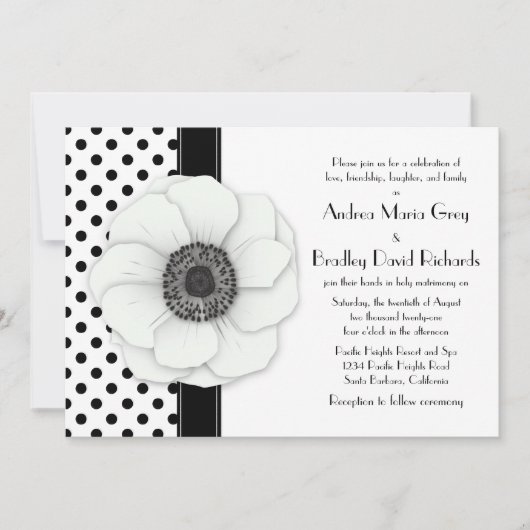 Invitation Mariage de point de Polka noir blanc de fleur d'an (Devant)