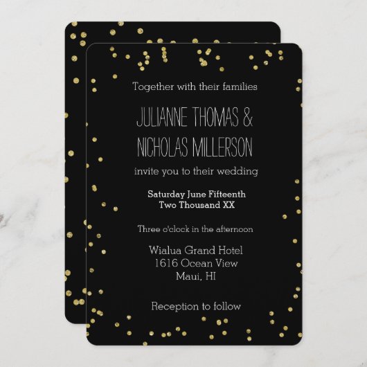 Invitation Mariage de points Confetti en or et noir (Devant / Derrière)