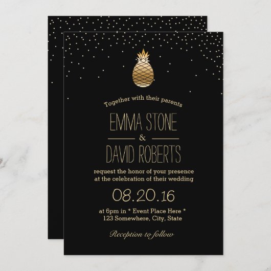 Invitation Mariage de points d'ananas et de confetti en or mo (Devant / Derrière)