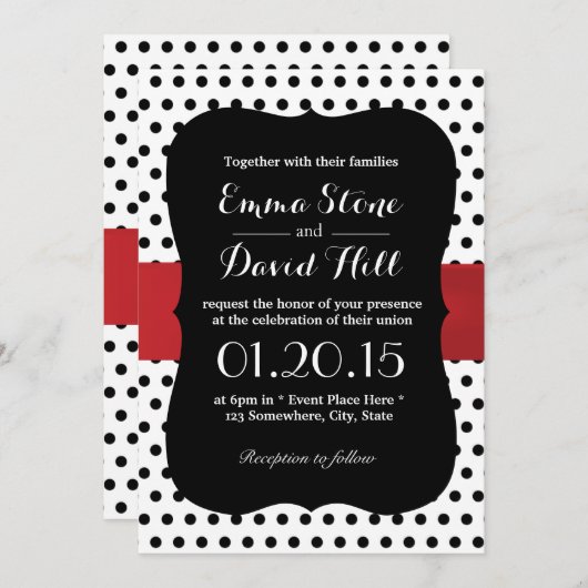 Invitation Mariage de points Polka Noir & Blanc Classique (Devant / Derrière)