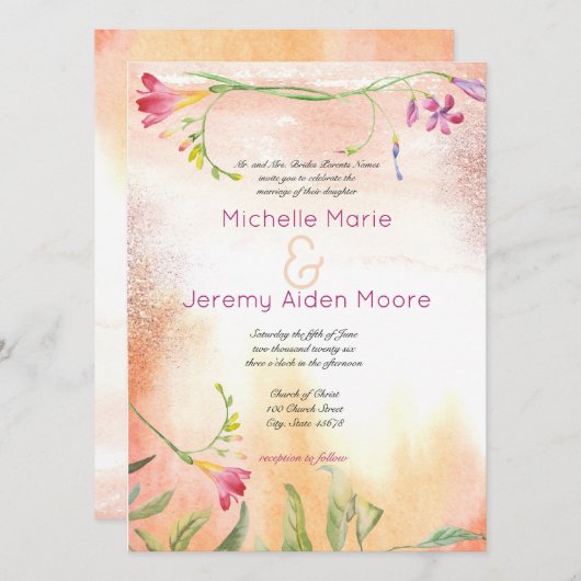 Invitation Mariage de pop rose de Boho Freesia (Devant / Derrière)