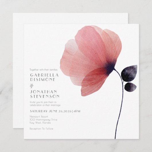 Invitation Mariage de Poppy à l'aquarelle minimaliste (Devant / Derrière)