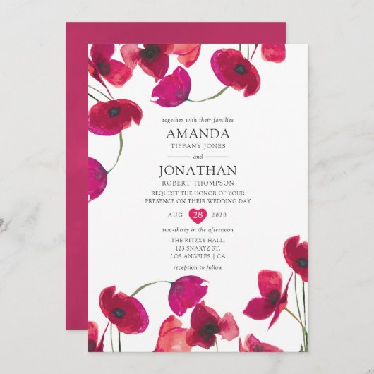 Invitation Mariage de Poppy Red Watercolor (Devant / Derrière)