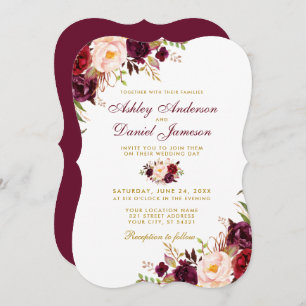 Invitation Mariage de porte- or Floral Aquarelle Bourgogne
