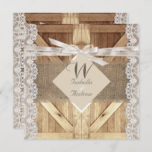 Invitation Mariage de porte rustique Beige Blanc dentelle Boi (Devant / Derrière)