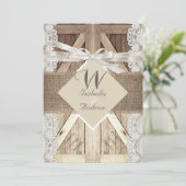 Invitation Mariage de porte rustique dentelle beige de bois B (Debout devant)