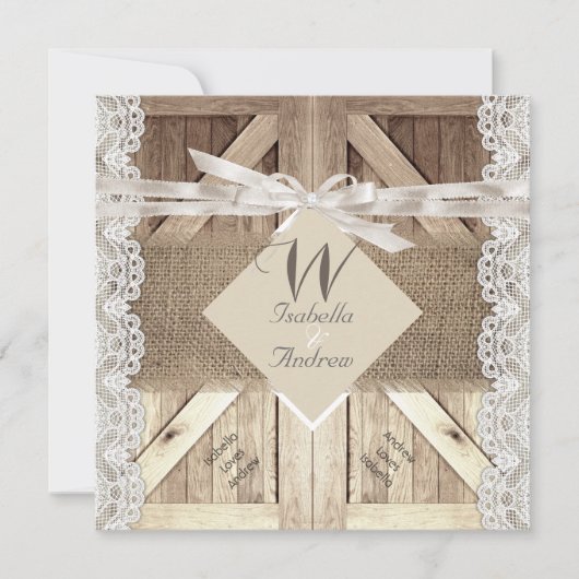 Invitation Mariage de porte rustique Lace Bois Burlap Écritur (Devant)