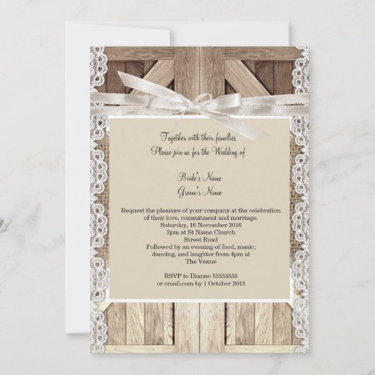 Invitation Mariage de porte rustique Lace Wood Burlap Écritur (Dos)