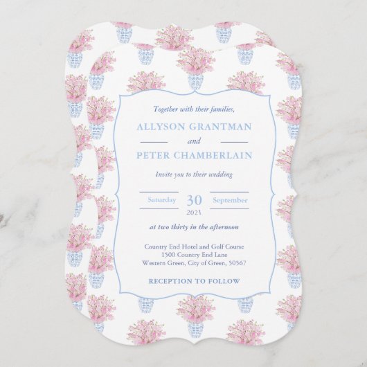 Invitation Mariage de poterie chinois bleu blanc et rose (Devant / Derrière)
