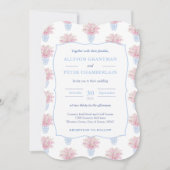 Invitation Mariage de poterie chinois bleu blanc et rose (Devant)