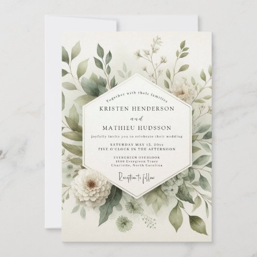 Invitation Mariage de Prairie Éthérée Vert Sauge (Devant)