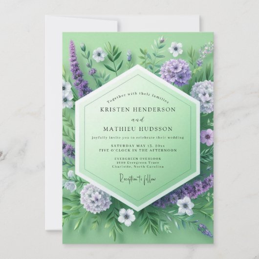 Invitation Mariage de prairie florale vert menthe (Devant)