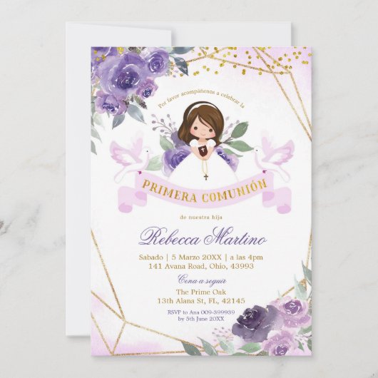 Invitation Mariage de Primera Florale violet et or (Devant)