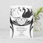 Invitation Mariage de princesse élégant noir et blanc au cygn (Debout devant)