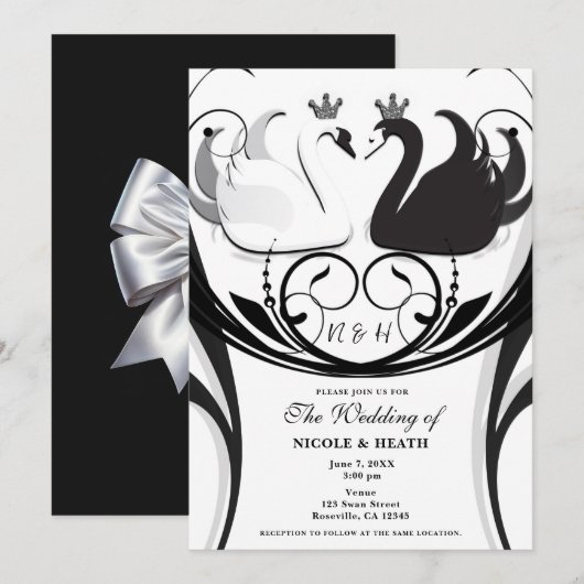 Invitation Mariage de princesse élégant noir et blanc au cygn (Devant / Derrière)
