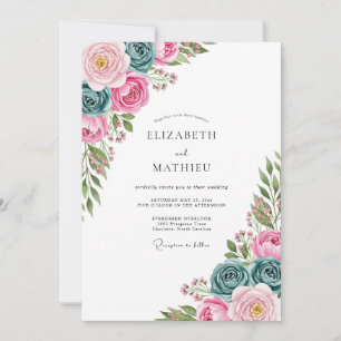 Invitation Mariage de printemps à l'aquarelle rose sarcelle