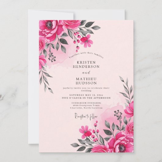 Invitation Mariage de printemps à l'aquarelle rose vif (Devant)