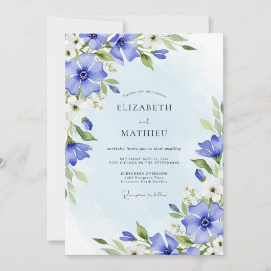 Invitation Mariage de printemps aquarelle bleu barbeau (Devant)