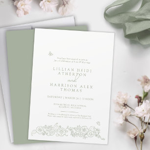 Invitation Mariage de printemps art dessiné à la main vert sa
