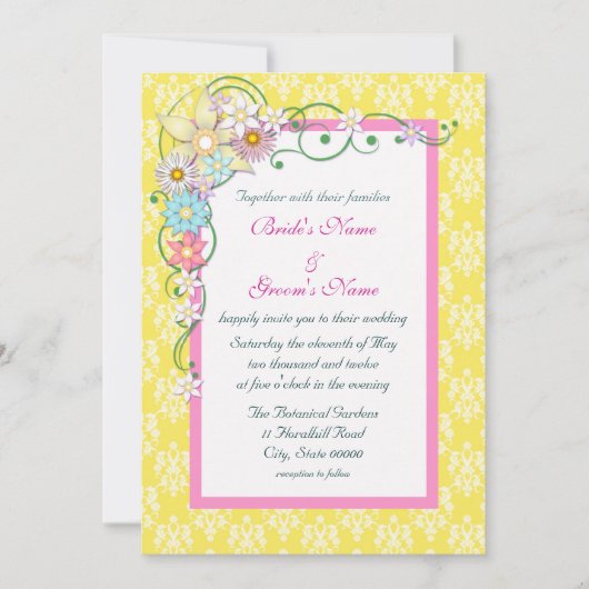 Invitation Mariage de printemps aux fleurs jaunes roses vif (Devant)