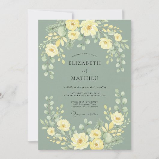 Invitation Mariage de printemps aux fleurs vert sauge (Devant)