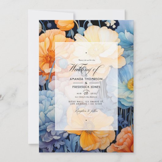 Invitation Mariage de printemps bleu et orange pâle (Devant)