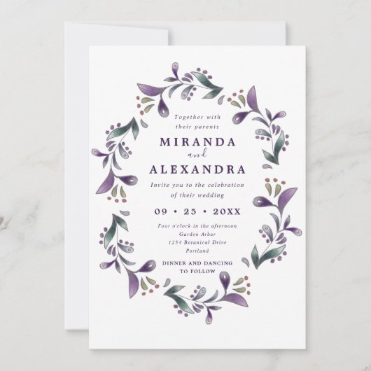 Invitation Mariage de printemps Boho violet et vert fleuri (Devant)