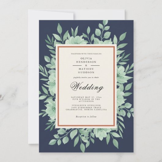 Invitation Mariage de printemps botanique bleu marine (Devant)