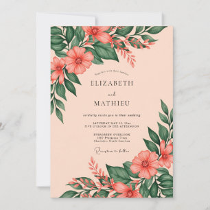 Invitation Mariage de printemps botanique vibrant pêche
